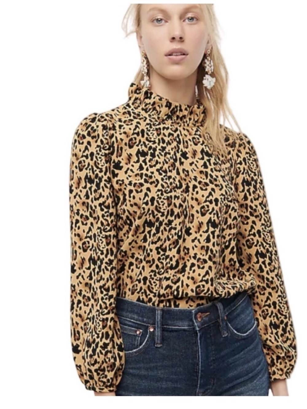 J. Crew Leopard Print High-Neck Blouse in Tan and Black